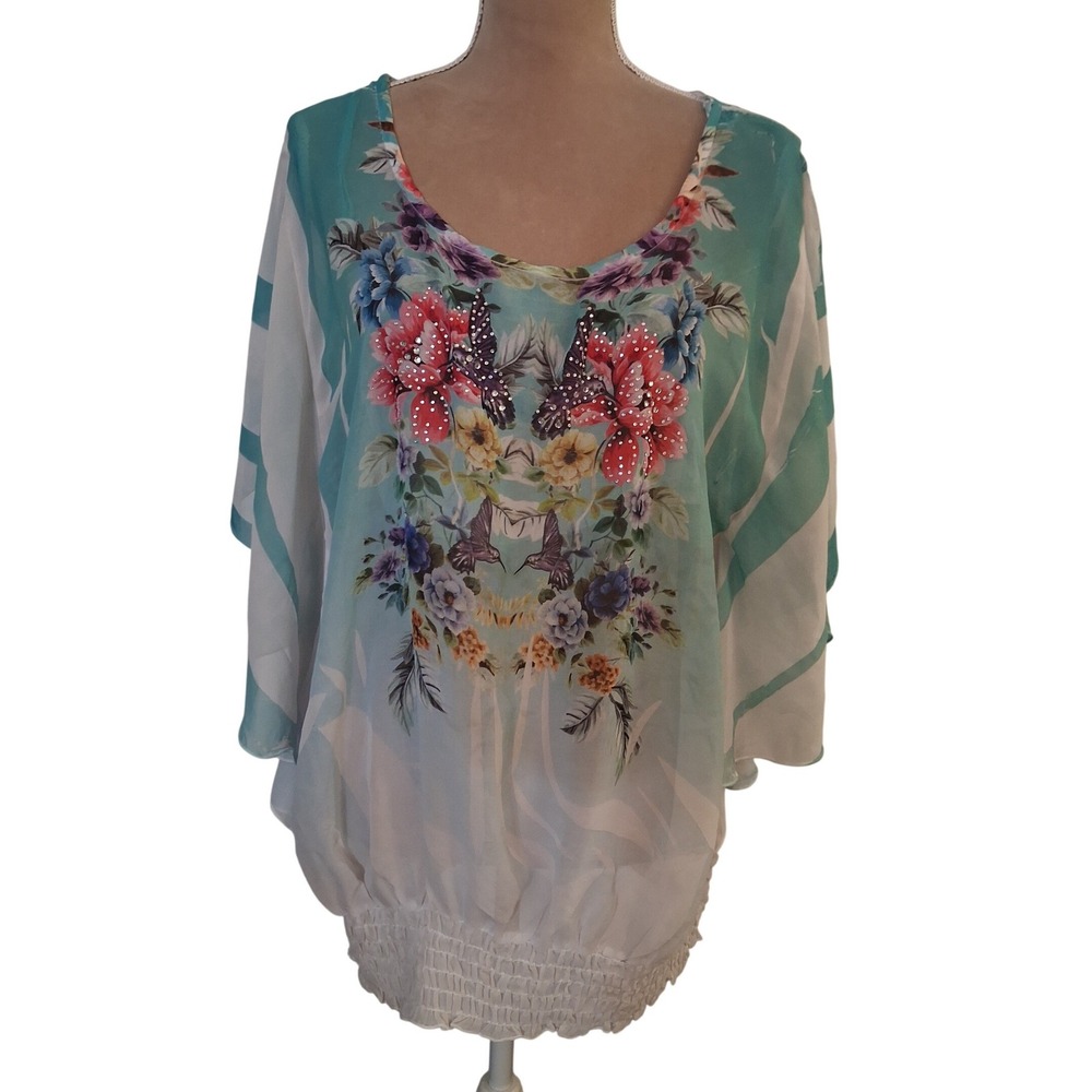 Deb Floral Hummingbird Rhinestone Sheer Dolman Smocked Hem Tunic Teal XL FLAW